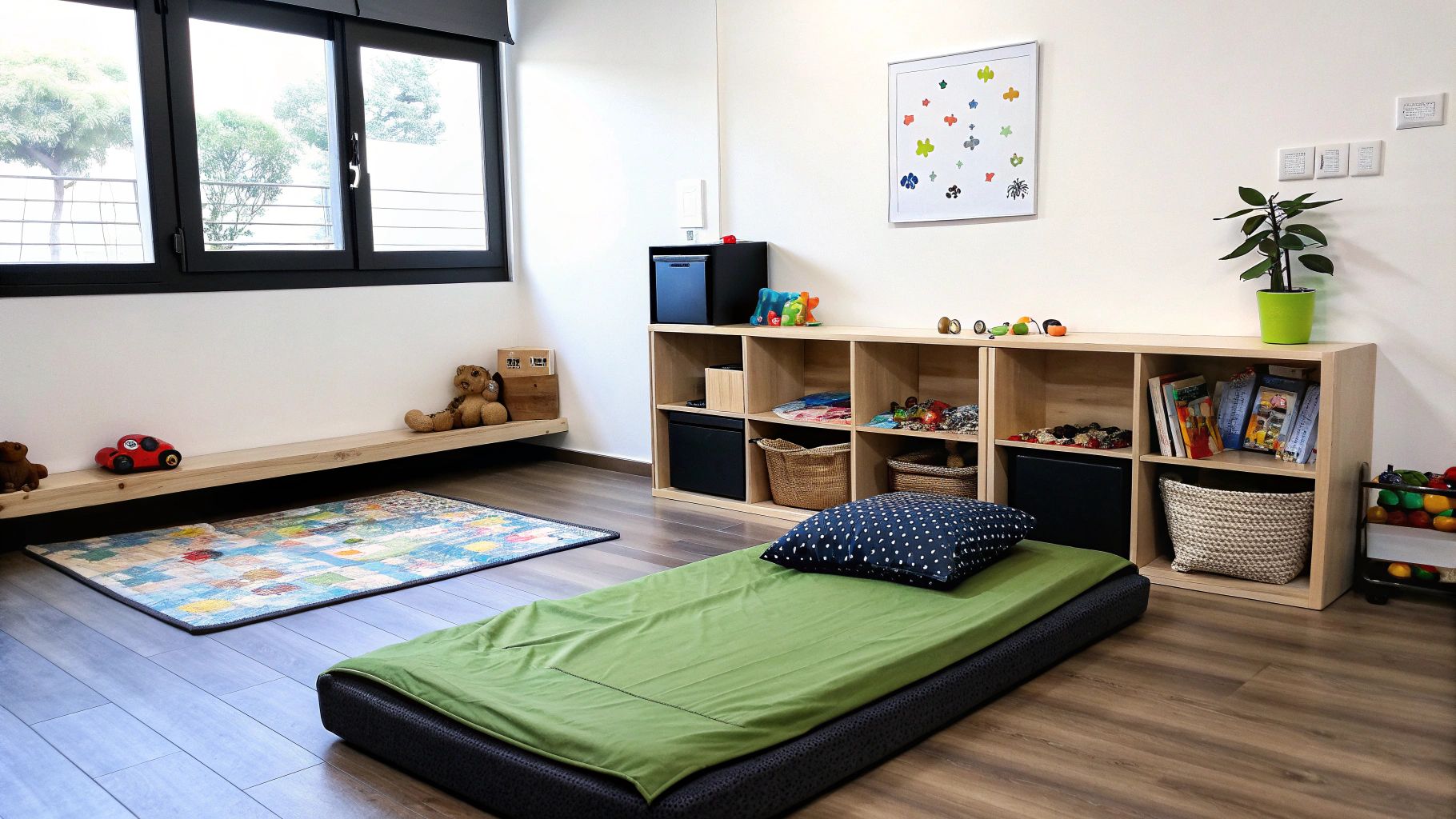 חדר ילדים מואר עם מיטת רצפה מונטסורית, מדפי אחסון מעץ, שטיח צבעוני וצעצועים שונים.