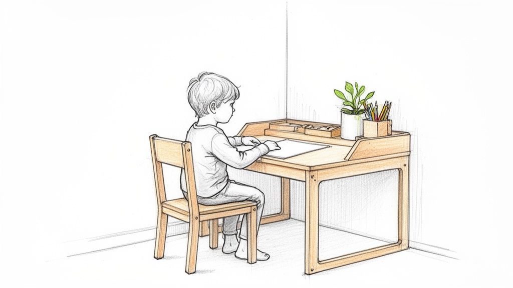 ילד יושב על כיסא ליד שולחן כתיבה מעץ בפינת החדר, מצייר על דף נייר. על השולחן יש עפרונות וצמח.