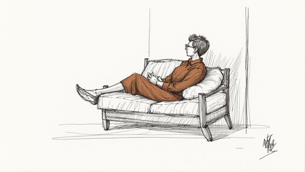 איור סקיצה של אישה עם שיער קצר ומשקפיים, נחה על ספה עם רגליים מורמות, לובשת חום.