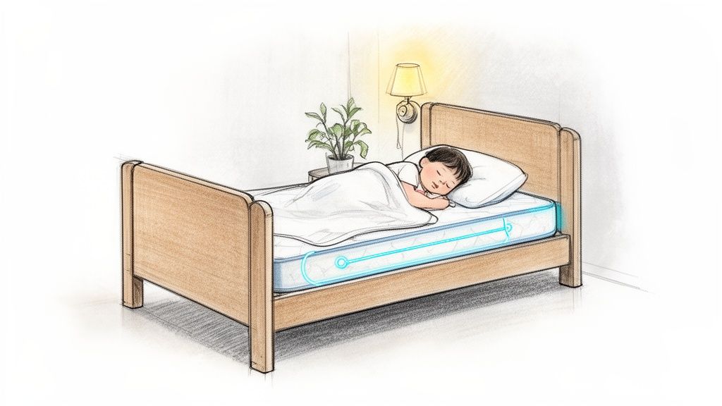 איור של ילד ישן בשלווה במיטה, עם מזרן הכולל טכנוולוגיה מודגשת בקו כחול זוהר, ליד שידת לילה ומנורה.