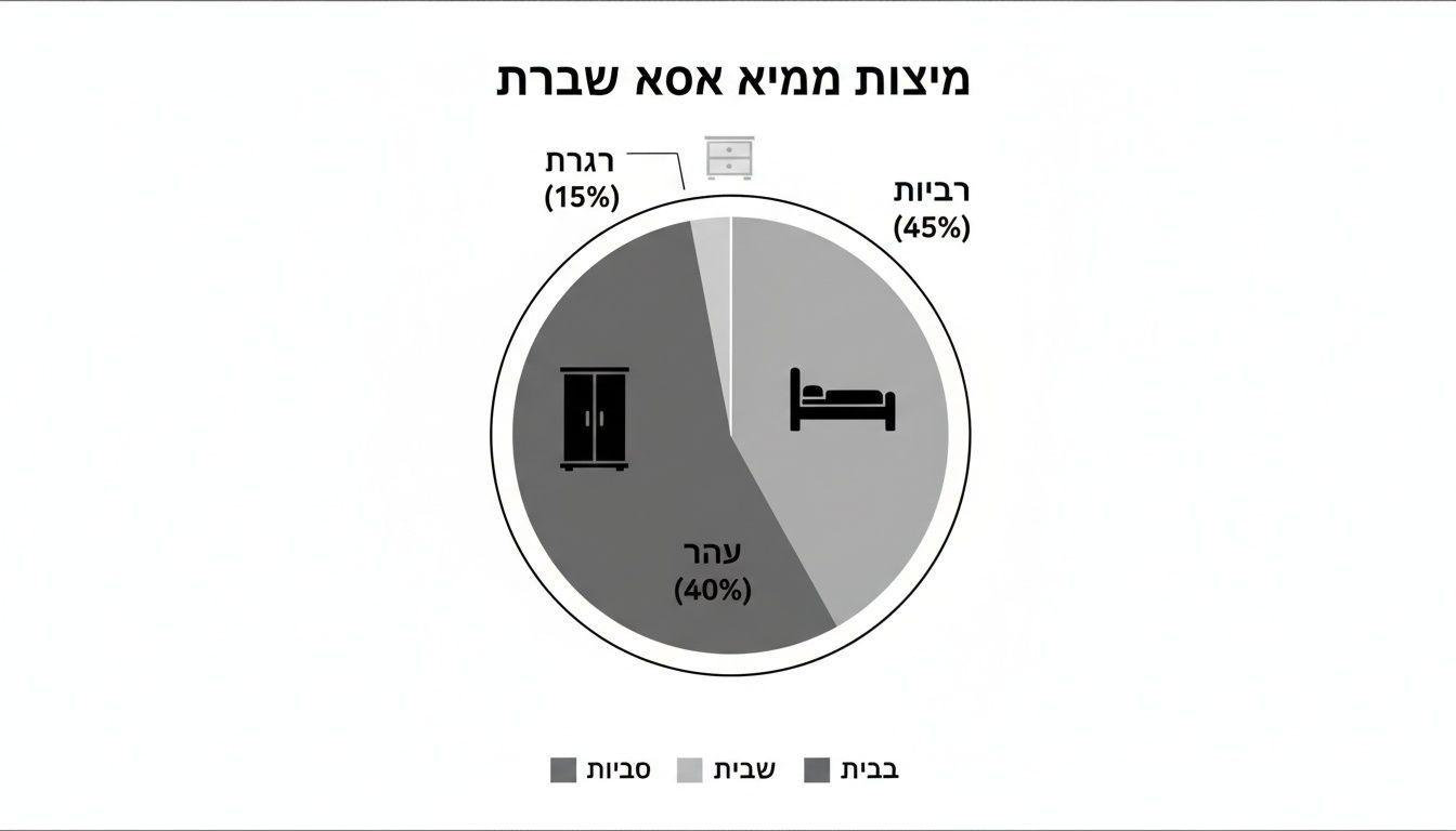 תרשים עוגה המציג התפלגות אחוזית של פריטים בבית: מיטות, ארונות ושידות.