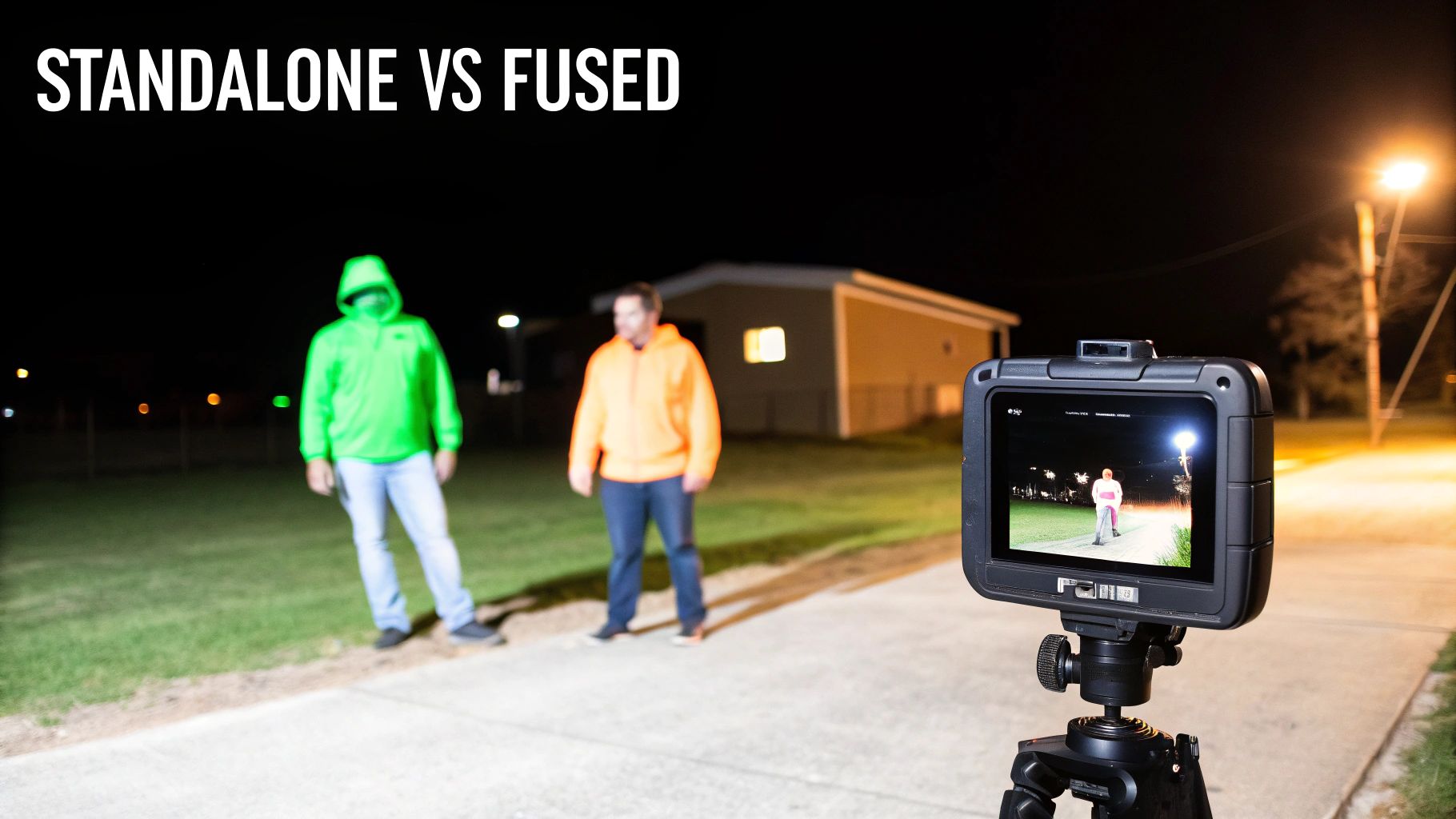 A blurry night scene with two men, one clearly visible on a camera display, titled 'Standalone vs Fused'.