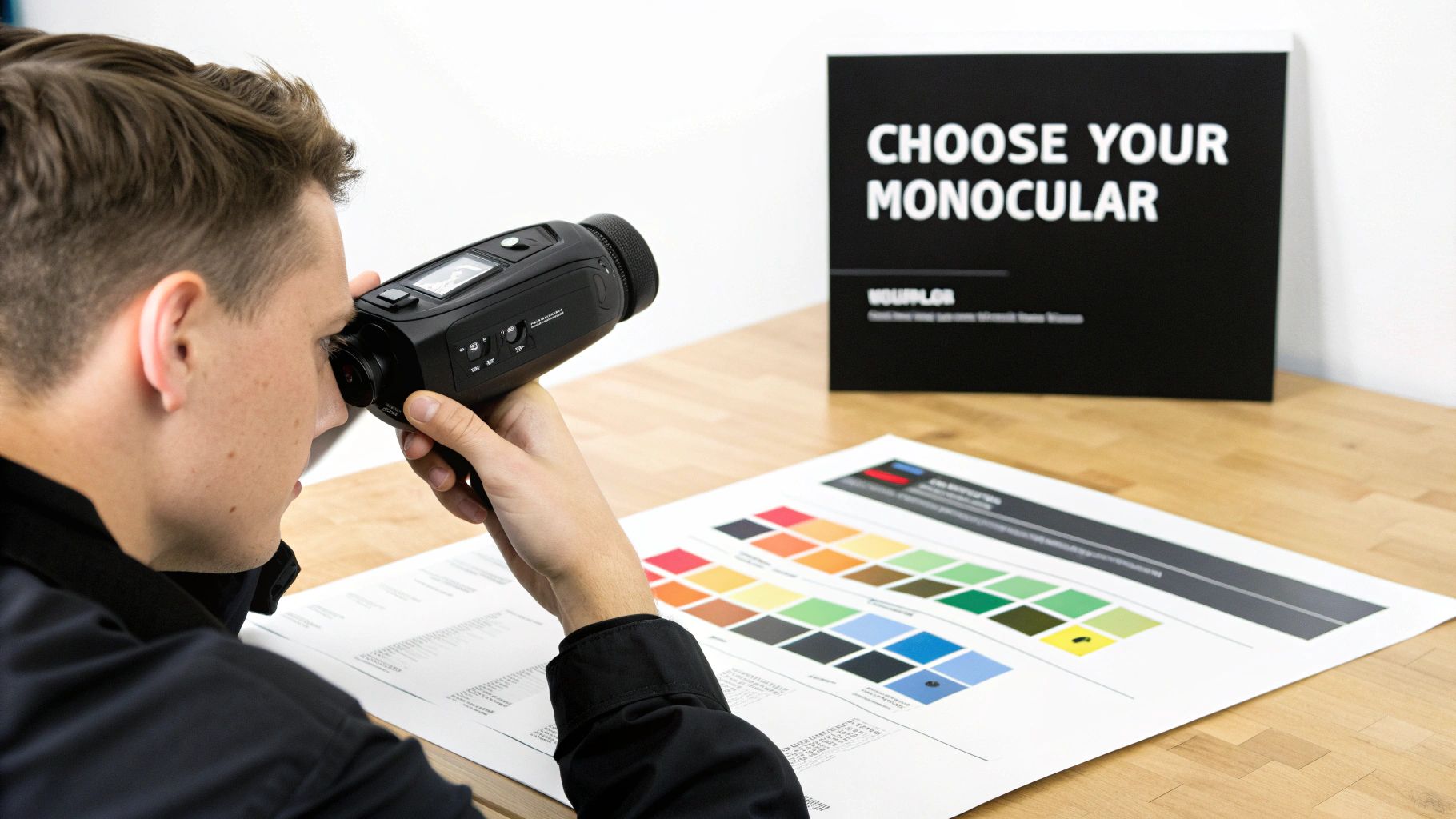 A person uses a thermal imaging monocular to examine a color chart on a wooden desk.