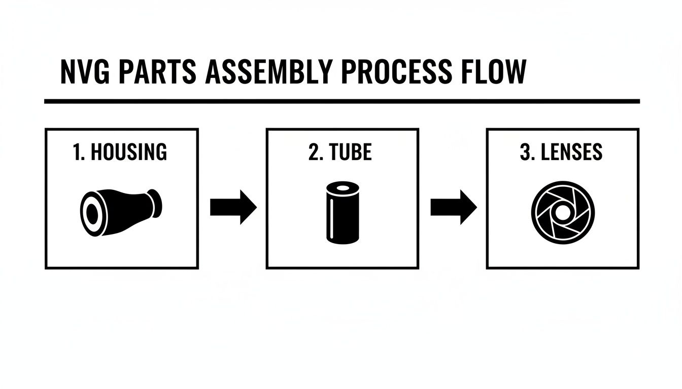 Flowchart detailing the three steps of NVG parts assembly: housing, tube, and lenses.