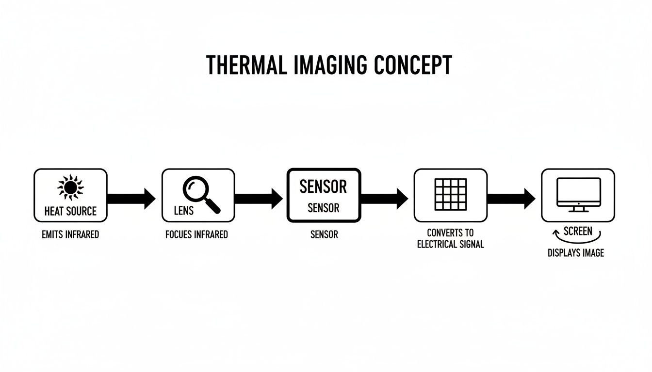 Flowchart illustrating the thermal imaging concept from heat source emission to image display on screen.