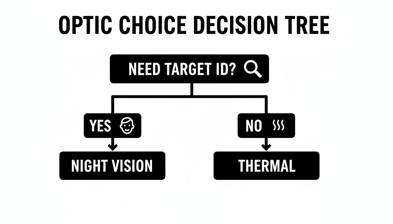 A decision tree flowchart titled 'Optic Choice' asking 'Need Target ID?'. Yes leads to Night Vision, No leads to Thermal.