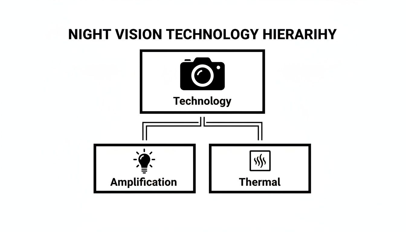 A hierarchical diagram illustrating night vision technology, divided into amplification and thermal methods.