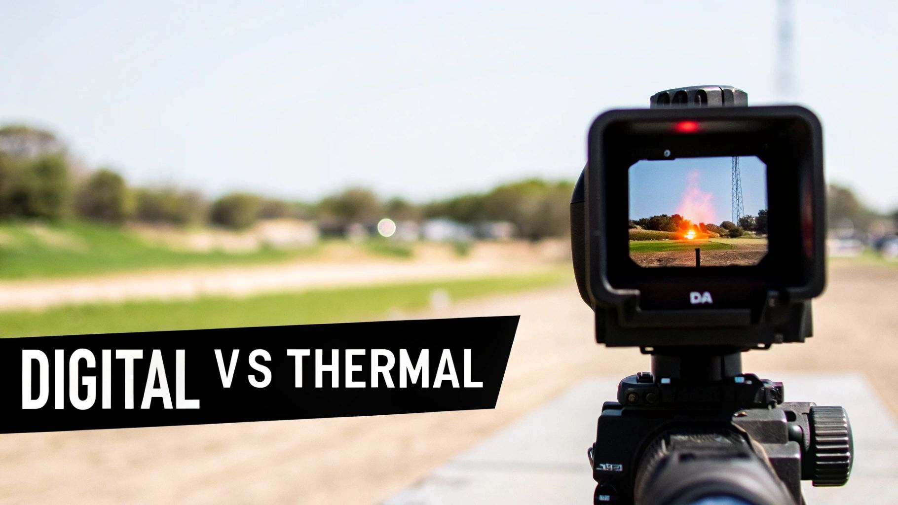 Close-up of a digital scope displaying a bright fire in a field, with 'DIGITAL VS THERMAL' text.