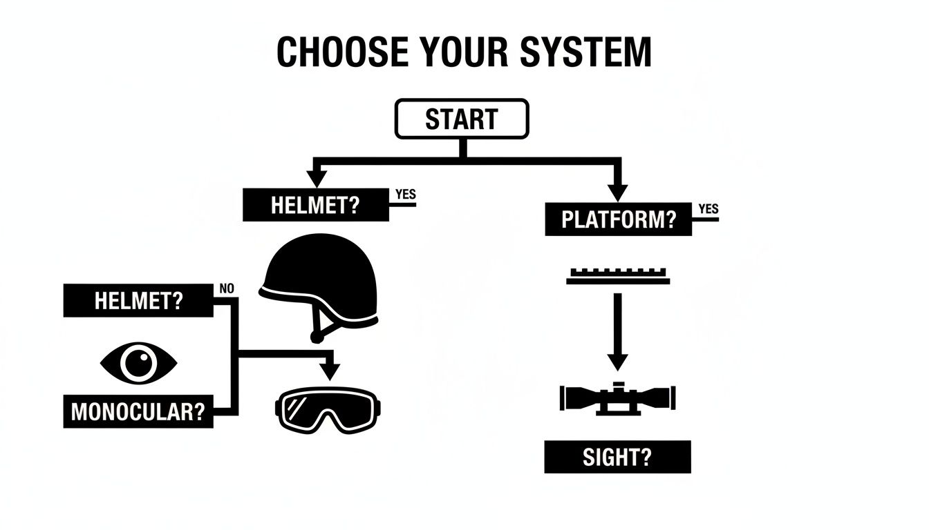 Flowchart for choosing a system with options for helmet, monocular, platform, and sight.