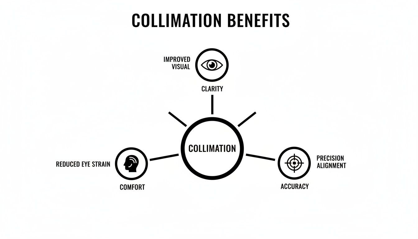 Infographic showing collimation benefits: improved visual clarity, reduced eye strain, and precision alignment.
