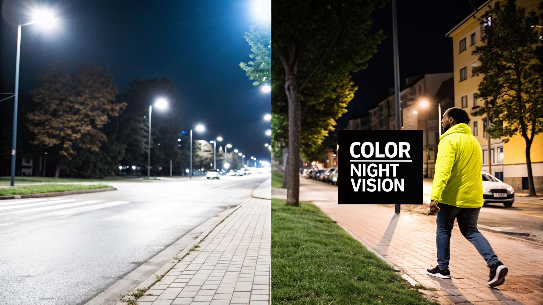 Split image showing a dark street at night contrasted with a vibrant street using color night vision.