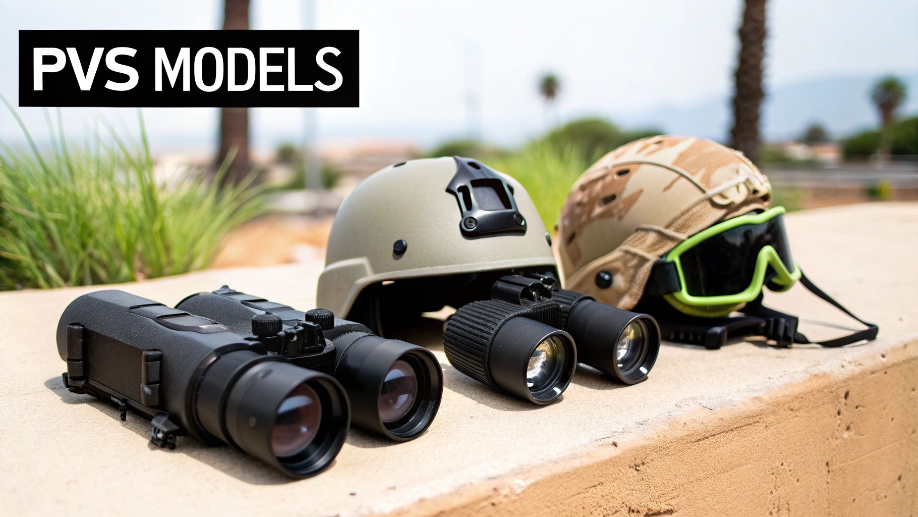 Various PVS night vision models, including binoculars and tactical helmets, displayed outdoors.
