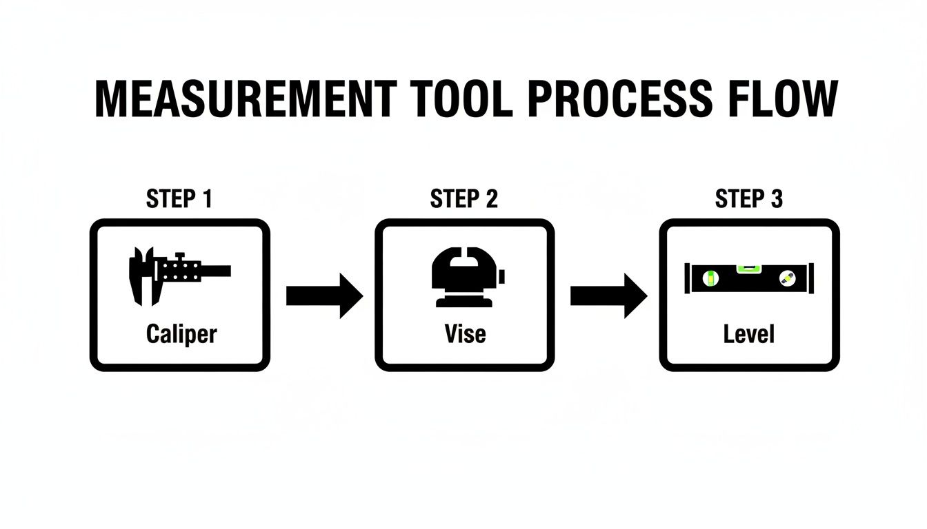 A three-step measurement tool process flow diagram featuring a caliper, vise, and level icons.