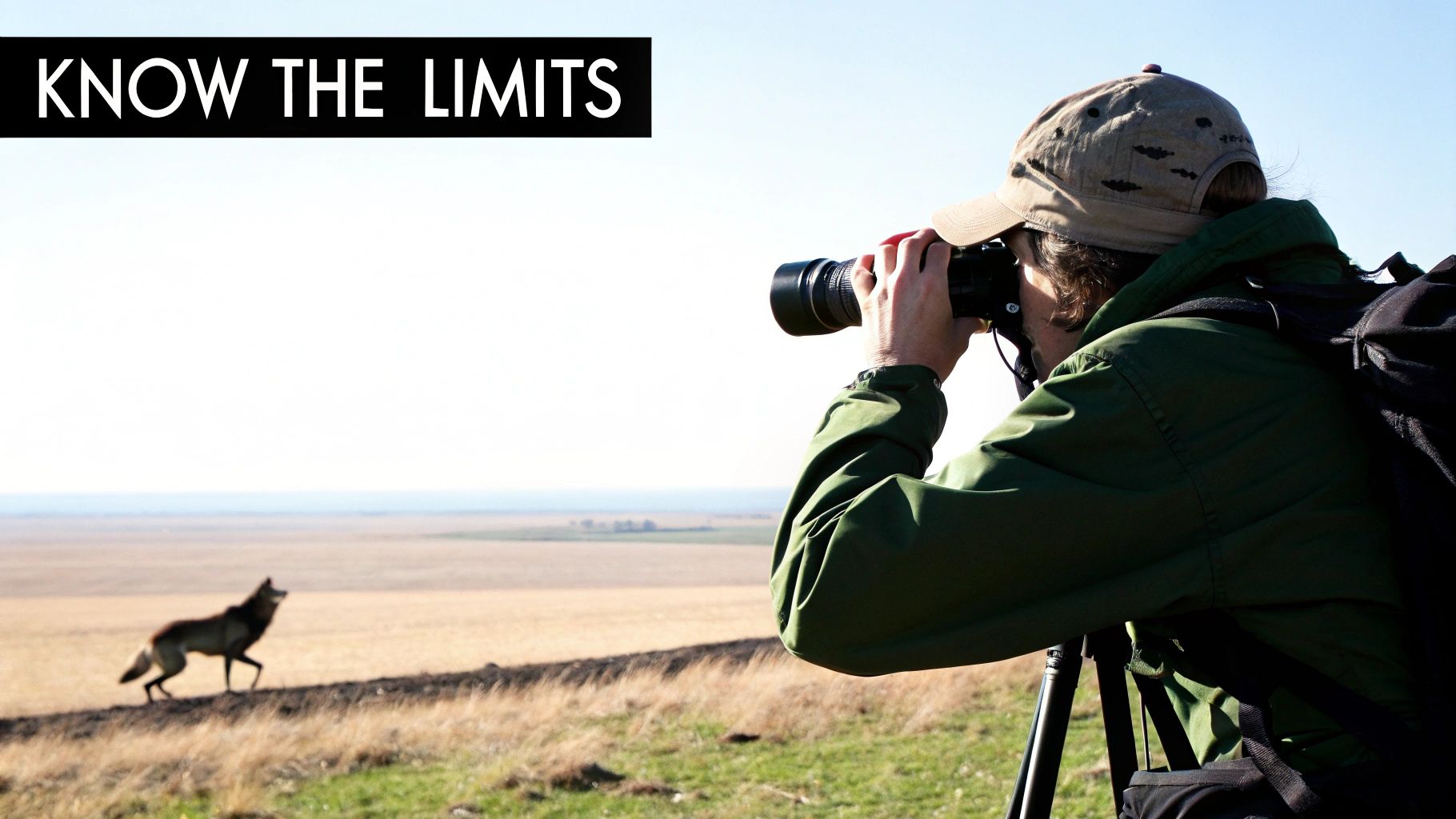 A photographer uses a long lens to capture a wolf in a vast, dry field with 'KNOW THE LIMITS' text.