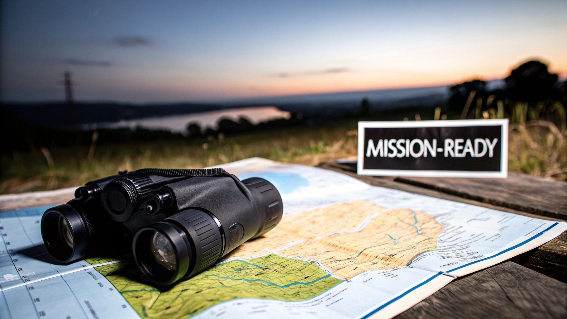 Black binoculars resting on an open map on a wooden surface with a 'MISSION-READY' sign in the background at dusk.