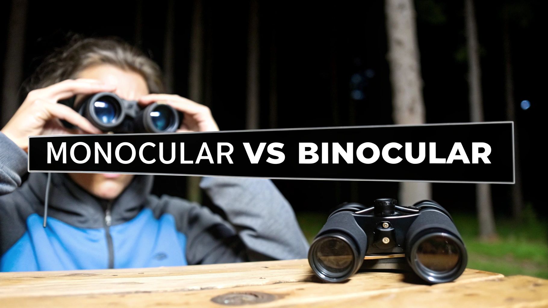 A close-up shot of a night vision binocular's objective lenses, capturing the green hue of the phosphor screen.