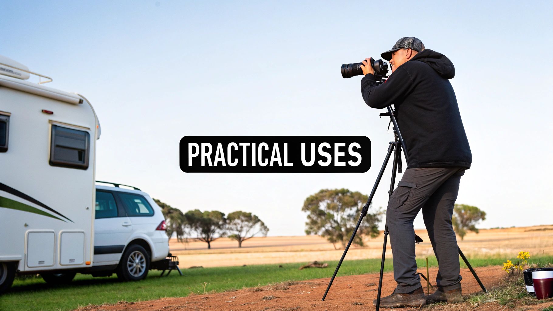 A man with a camera on a tripod is photographing outdoors next to an RV.