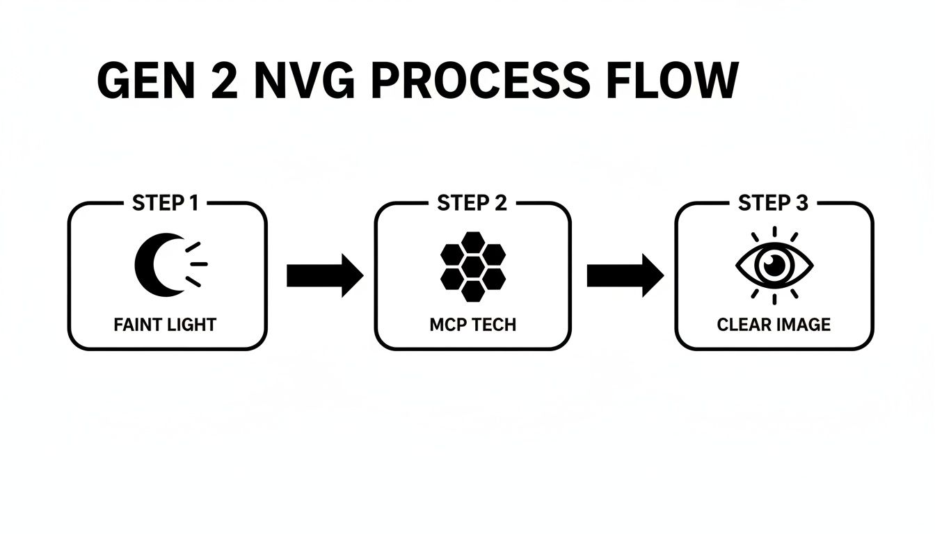 Flowchart detailing the Gen 2 NVG process: faint light input, MCP technology, and clear image output.