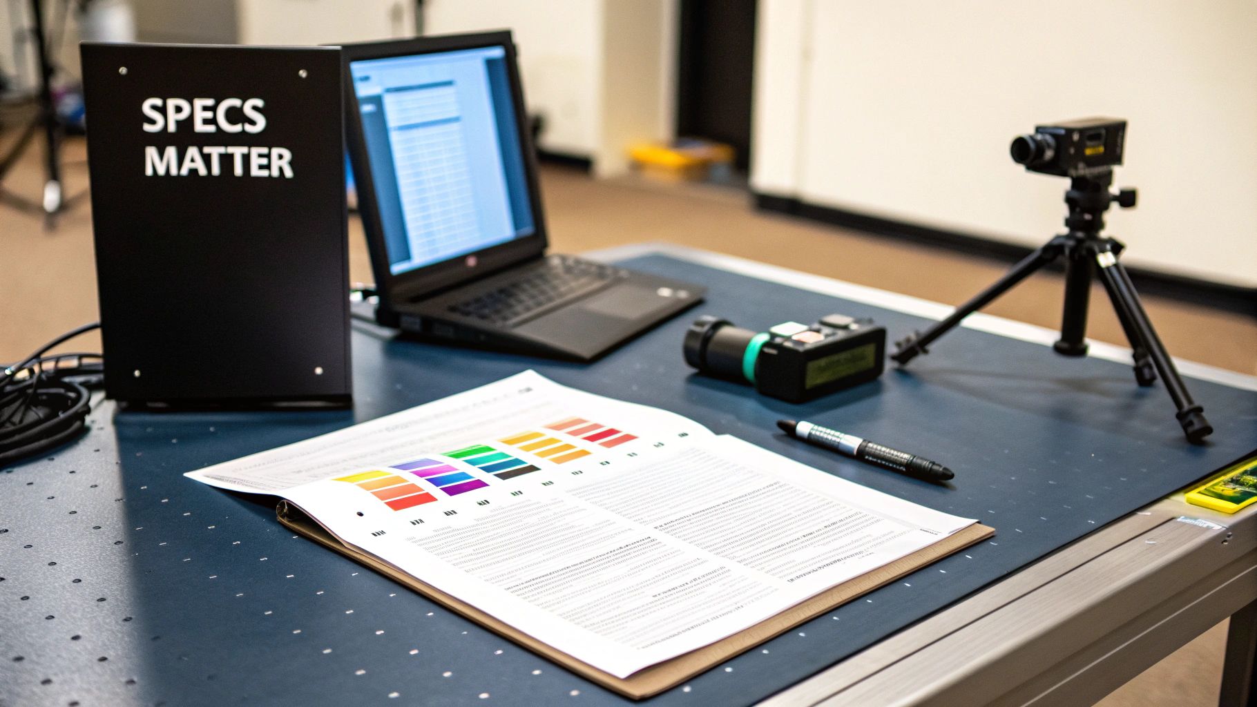 A table with 'SPECS MATTER' equipment, laptop, camera on tripod, and a document with color swatches, suggesting color analysis or measurement.