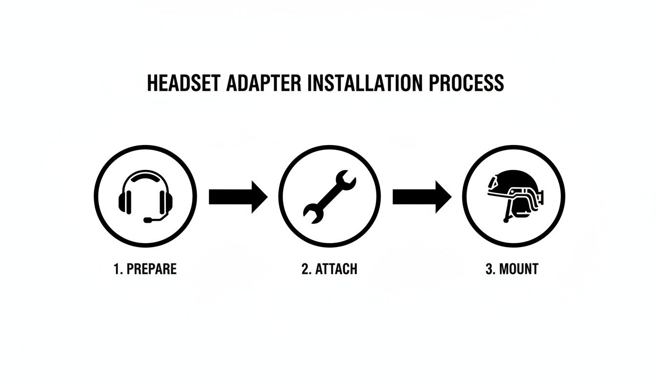Diagram showing three steps for headset adapter installation: prepare, attach, and mount on a helmet.