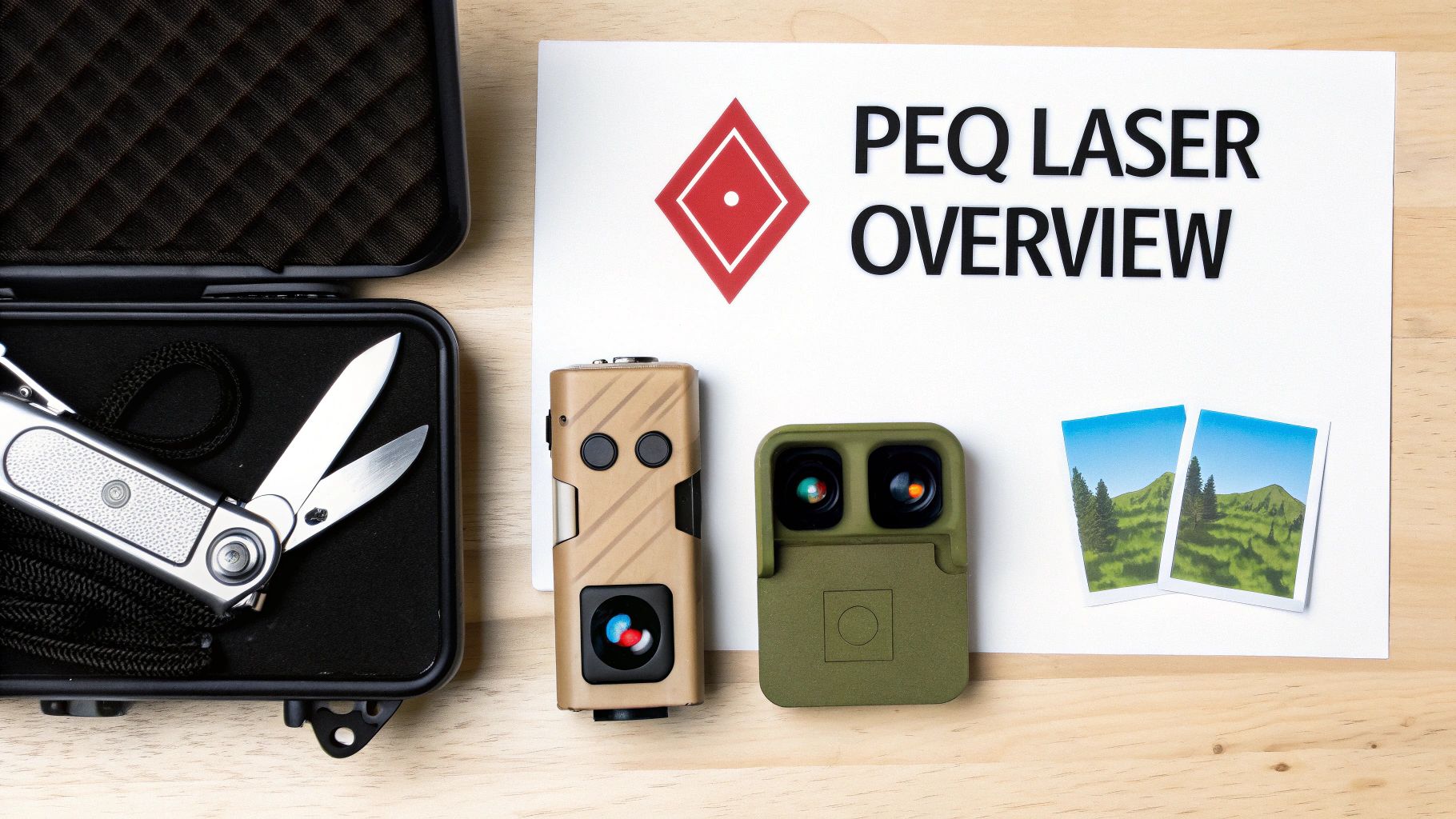Overhead shot of tactical equipment: multi-tool, two devices, and PEQ laser overview document.