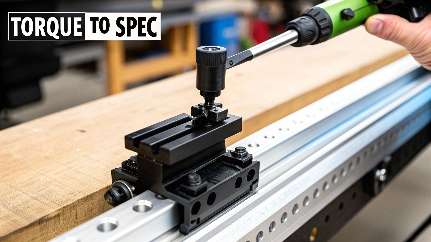 A hand uses a green torque screwdriver to tighten a black component on an aluminum rail system.