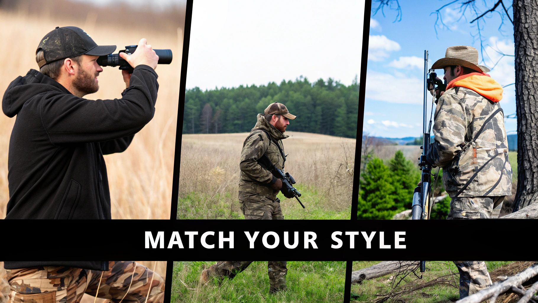 Three men showcase diverse hunting styles and equipment in natural outdoor settings.