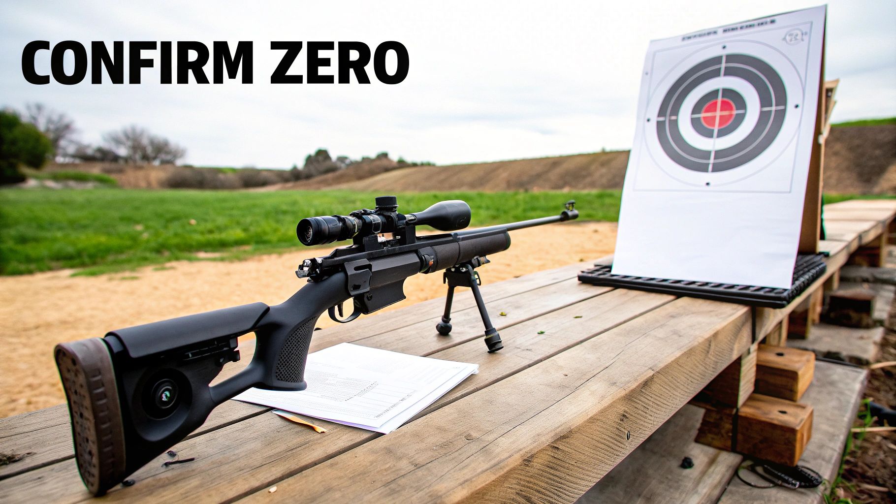 A rifle with a scope and bipod rests on a wooden shooting bench, aiming at a target. The image has overlaid text 'CONFIRM ZERO'.