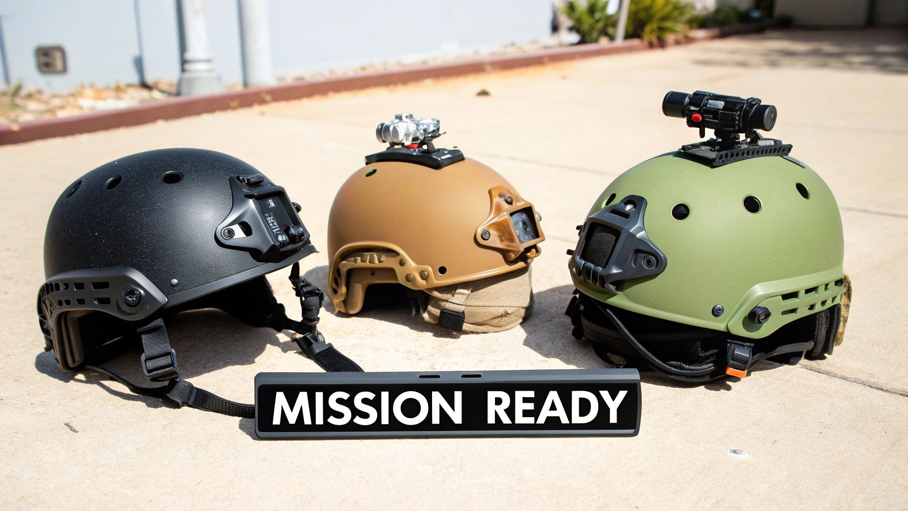 Three tactical helmets, black, tan, and green, equipped with flashlight mounts, sitting on concrete, ready for a mission.