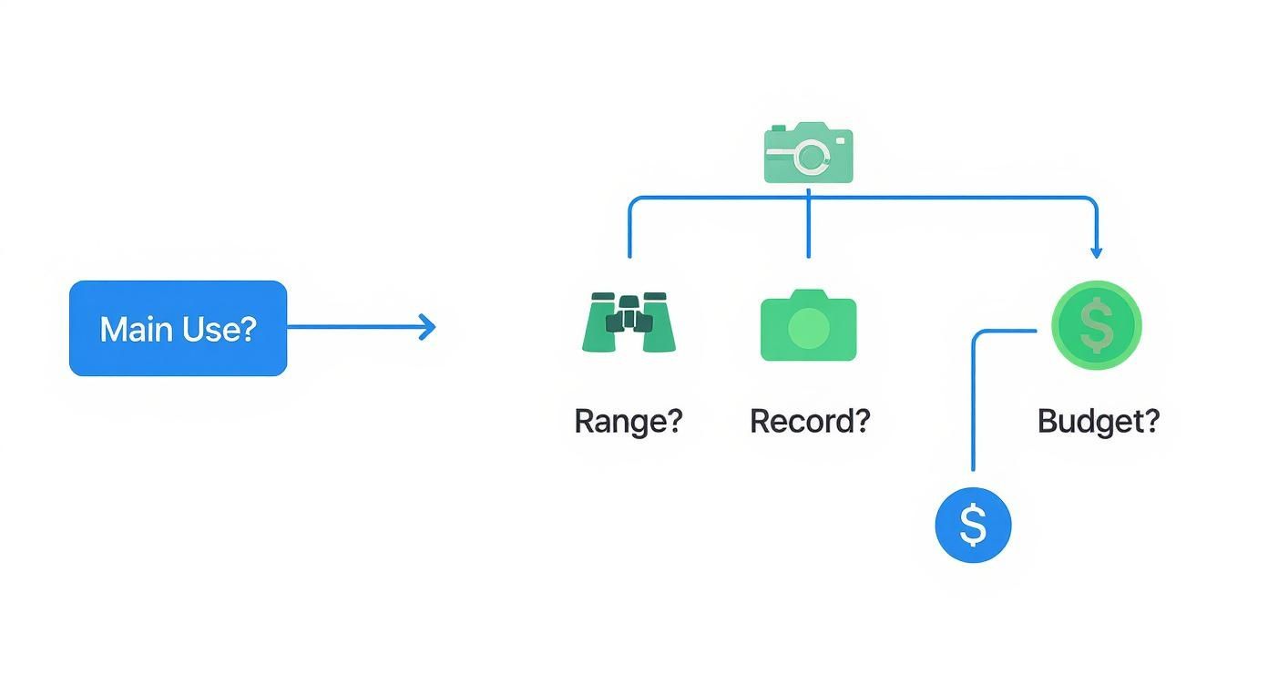 Infographic decision tree guiding the choice of a night vision scope based on main use, range, recording needs, and budget.