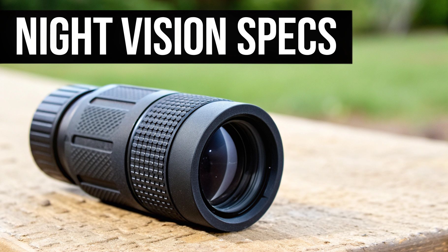 A black night vision monocular resting on wood, with a banner stating 'NIGHT VISION SPECS'.