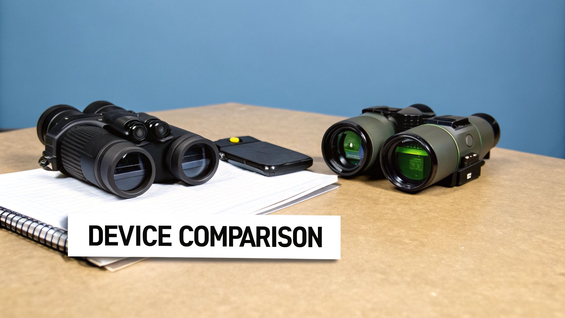 Two pairs of night vision binoculars, black and olive green, and a smartphone on a notebook.