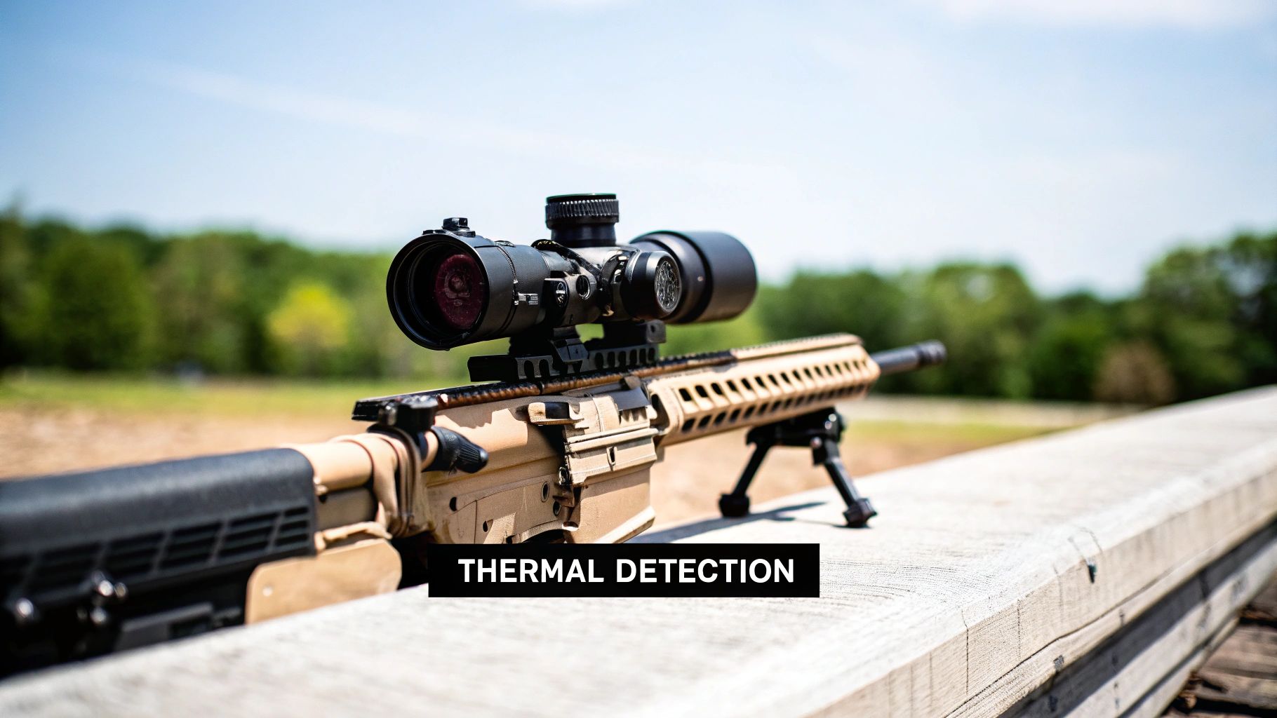 A person holding a thermal scope, looking through it at a distant, dark landscape where heat signatures are visible.