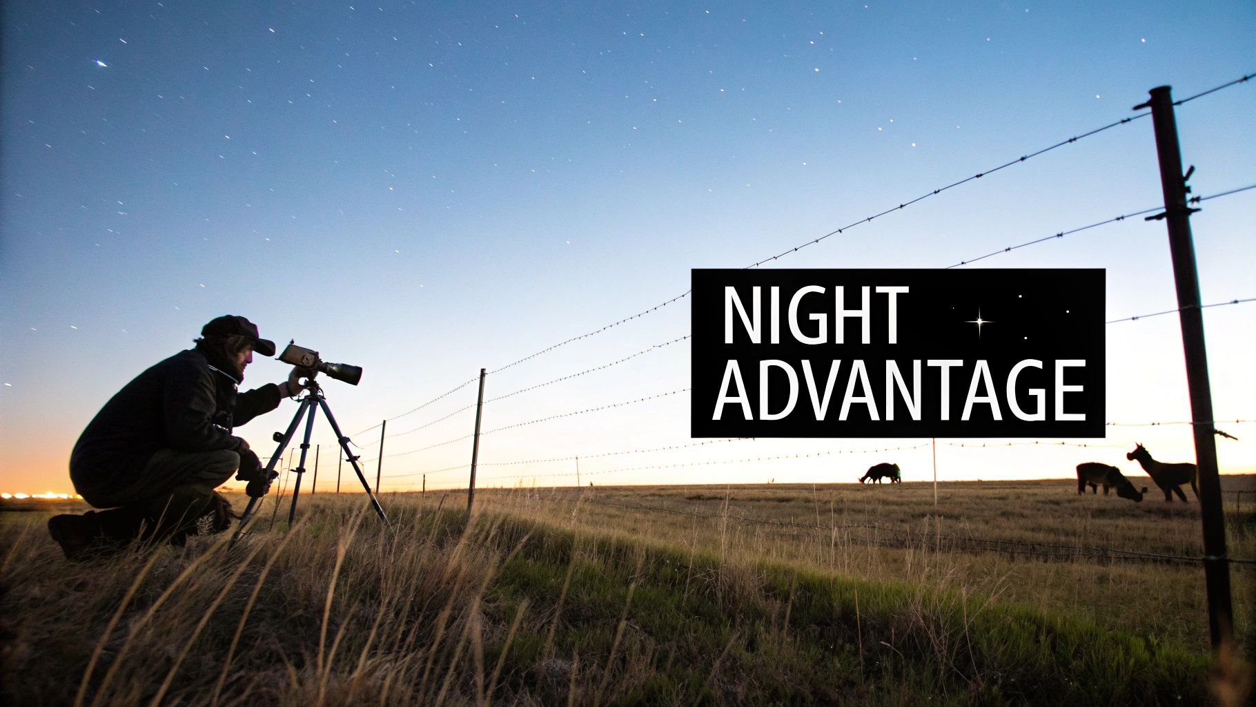 A person with a spotting scope on a tripod observes the starry night sky in a field.