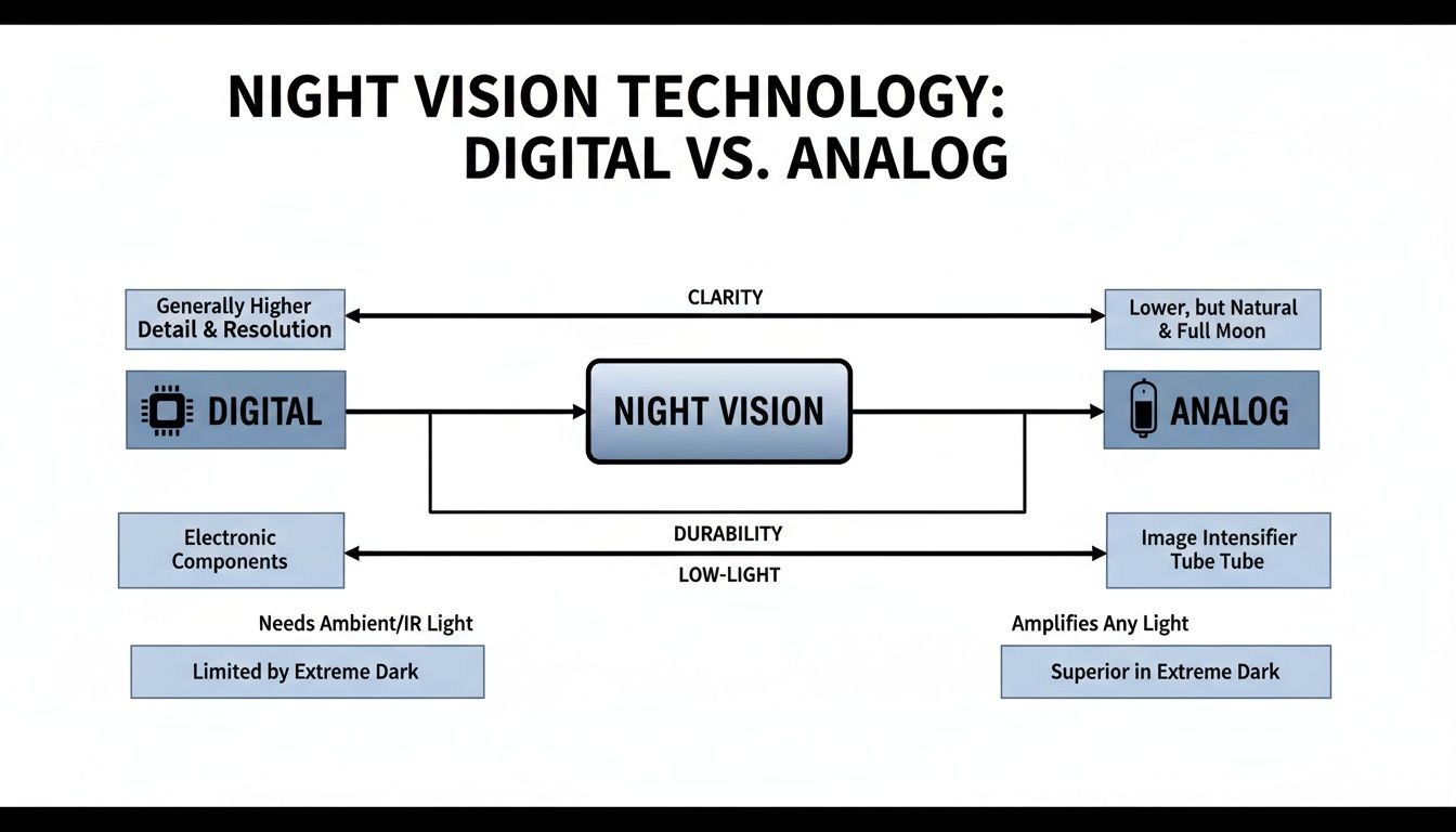 A detailed comparison chart outlining the differences between digital and analog night vision technology.