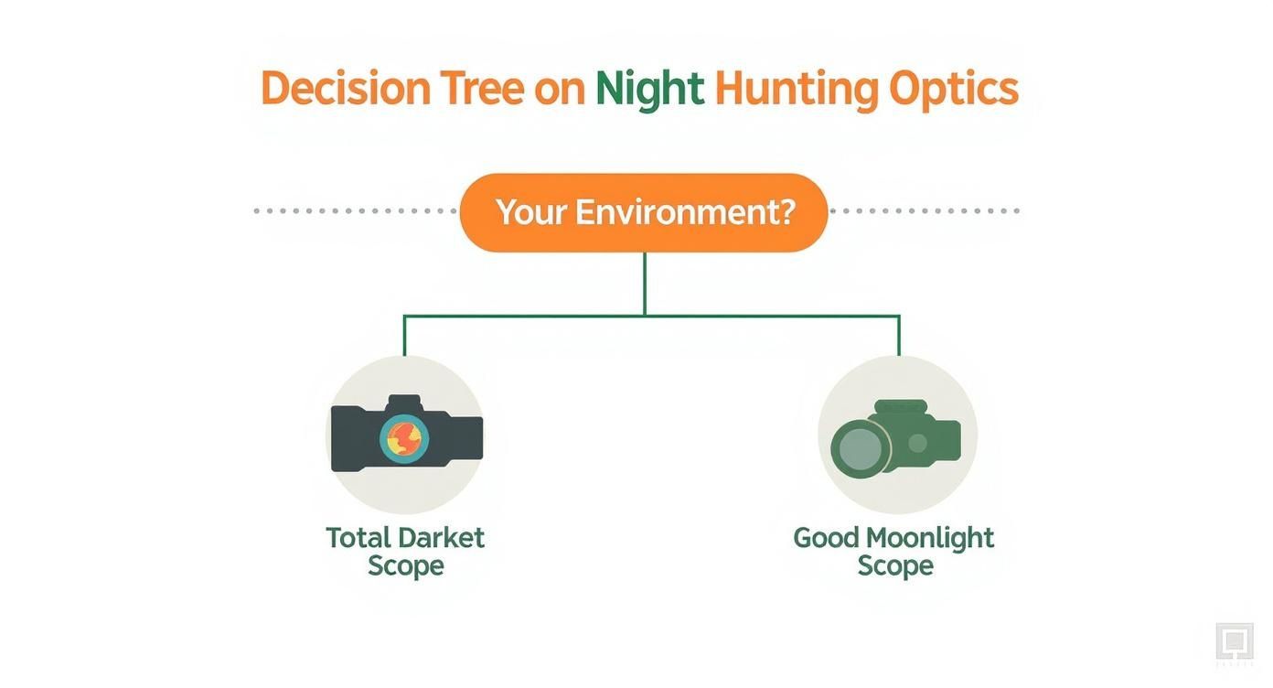 Infographic decision tree comparing thermal and night vision hunting based on environment.