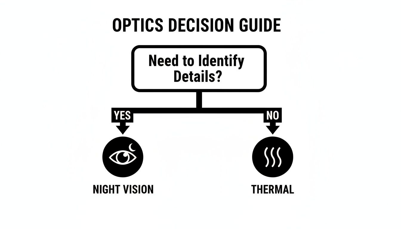 Flowchart guide for optics, comparing night vision and thermal based on identifying details.