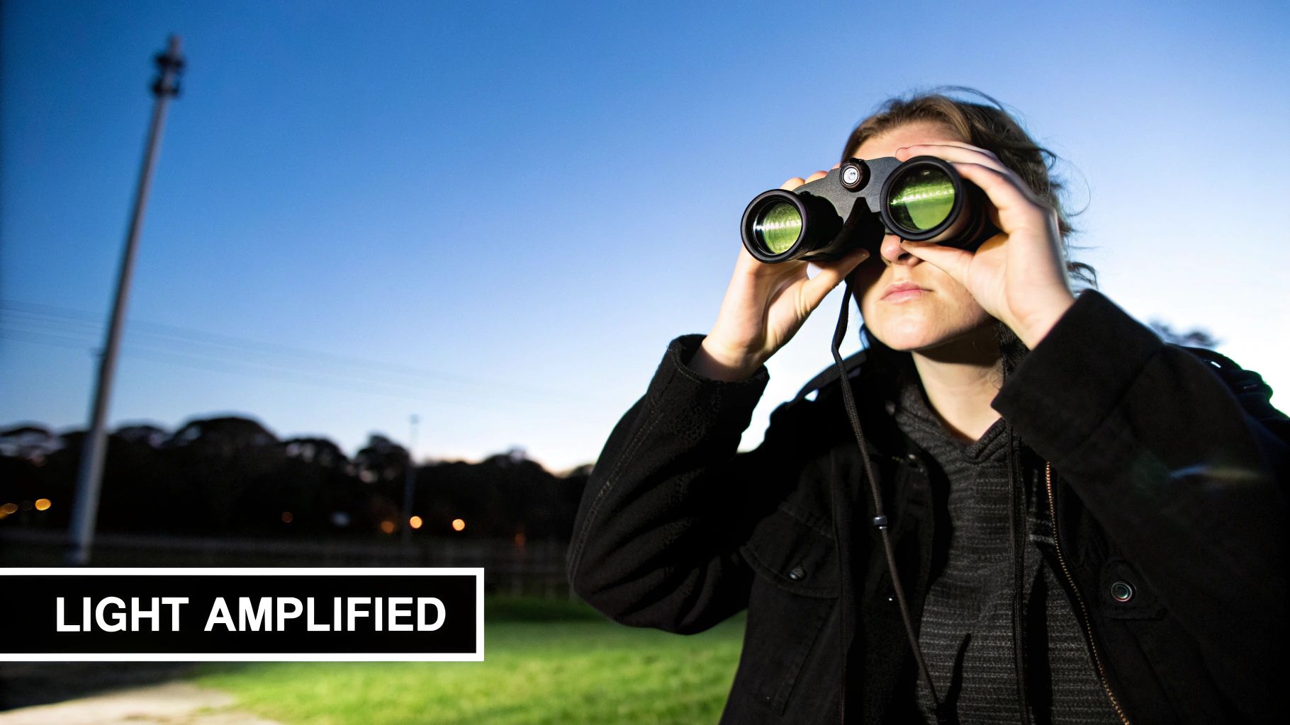 A view through a night vision device showing a clear, green-hued image of a forested area at night.