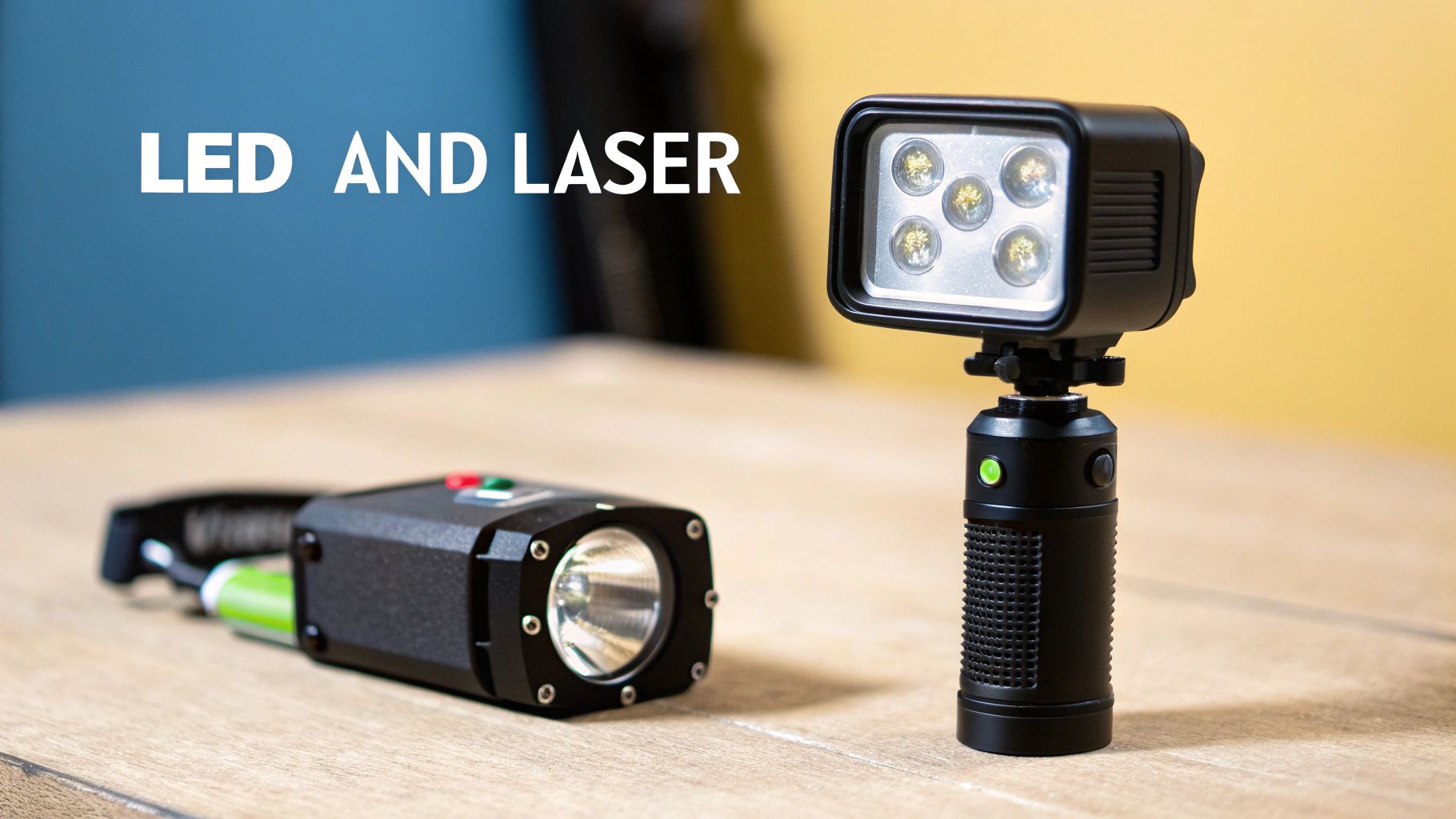 Two tactical black LED flashlights, a spotlight and a multi-LED floodlight, displayed on a wooden table.