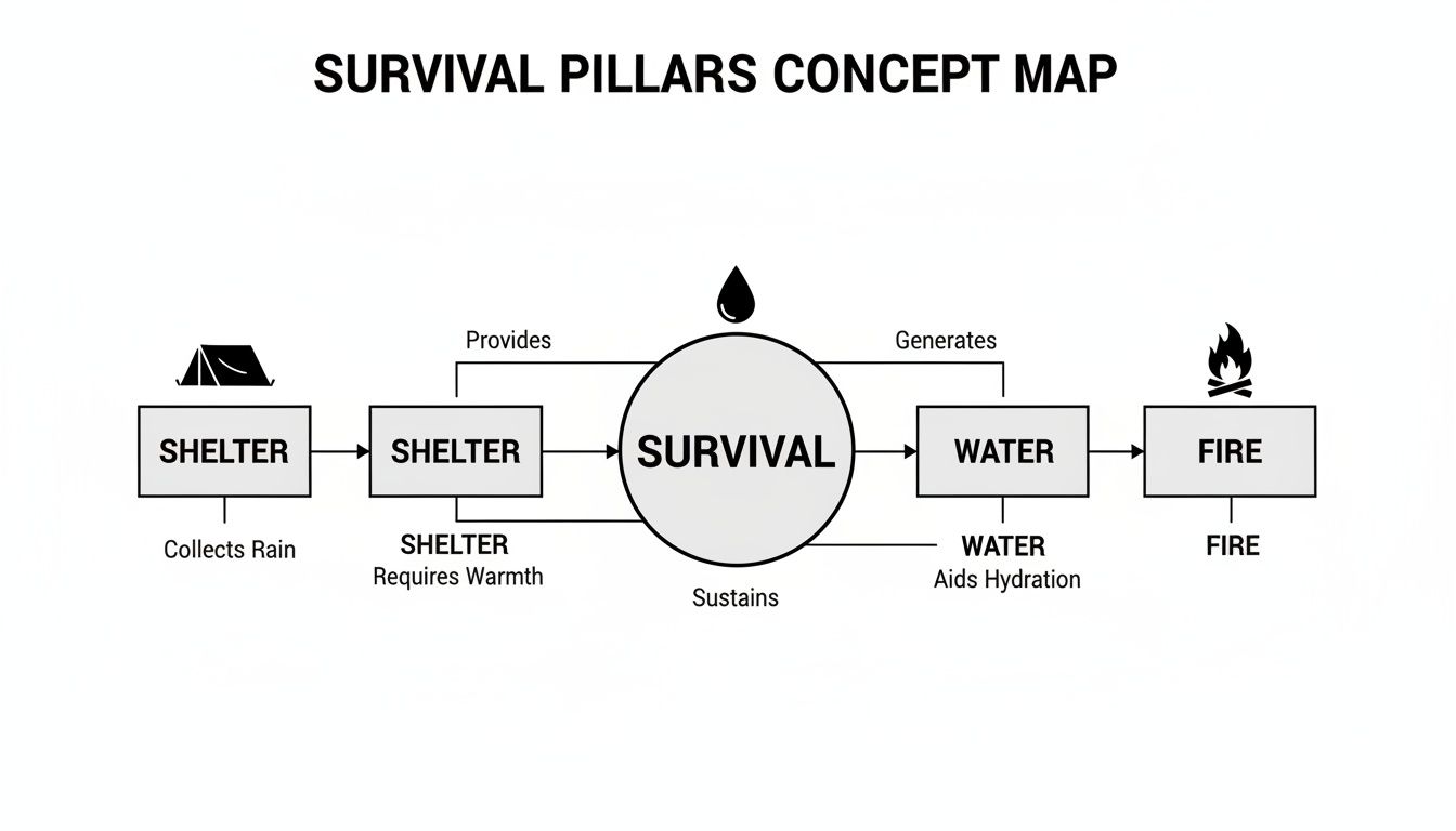 Concept map illustrating the interconnected pillars of survival: shelter, water, and fire.