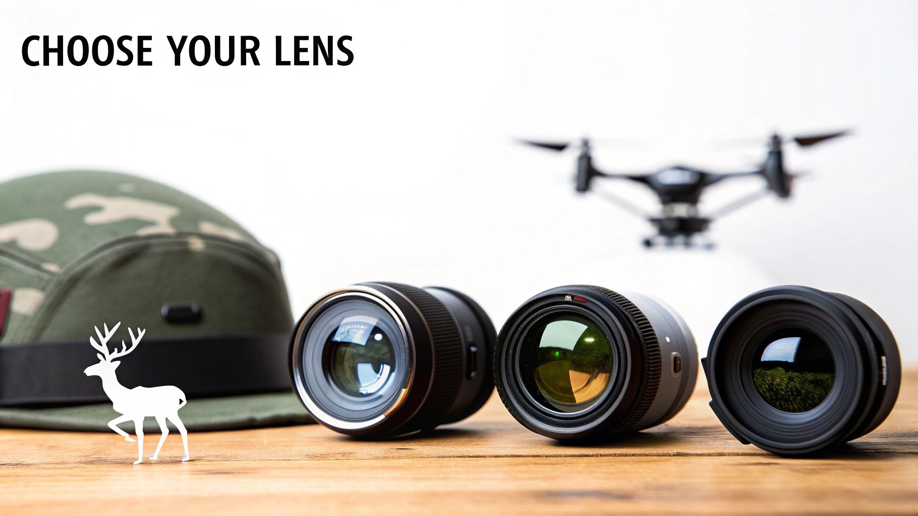 Three camera lenses on a wooden table with a deer cutout, camo hat, and blurred drone, illustrating lens choices.