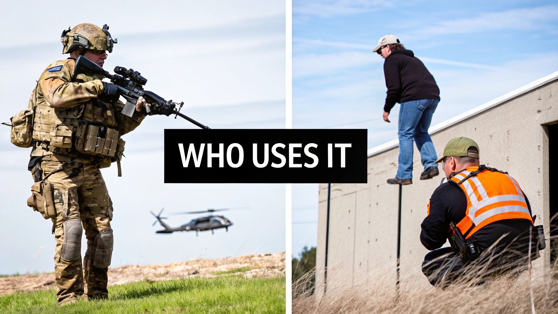 Military soldier with rifle compared to construction workers showing professional equipment usage contrast
