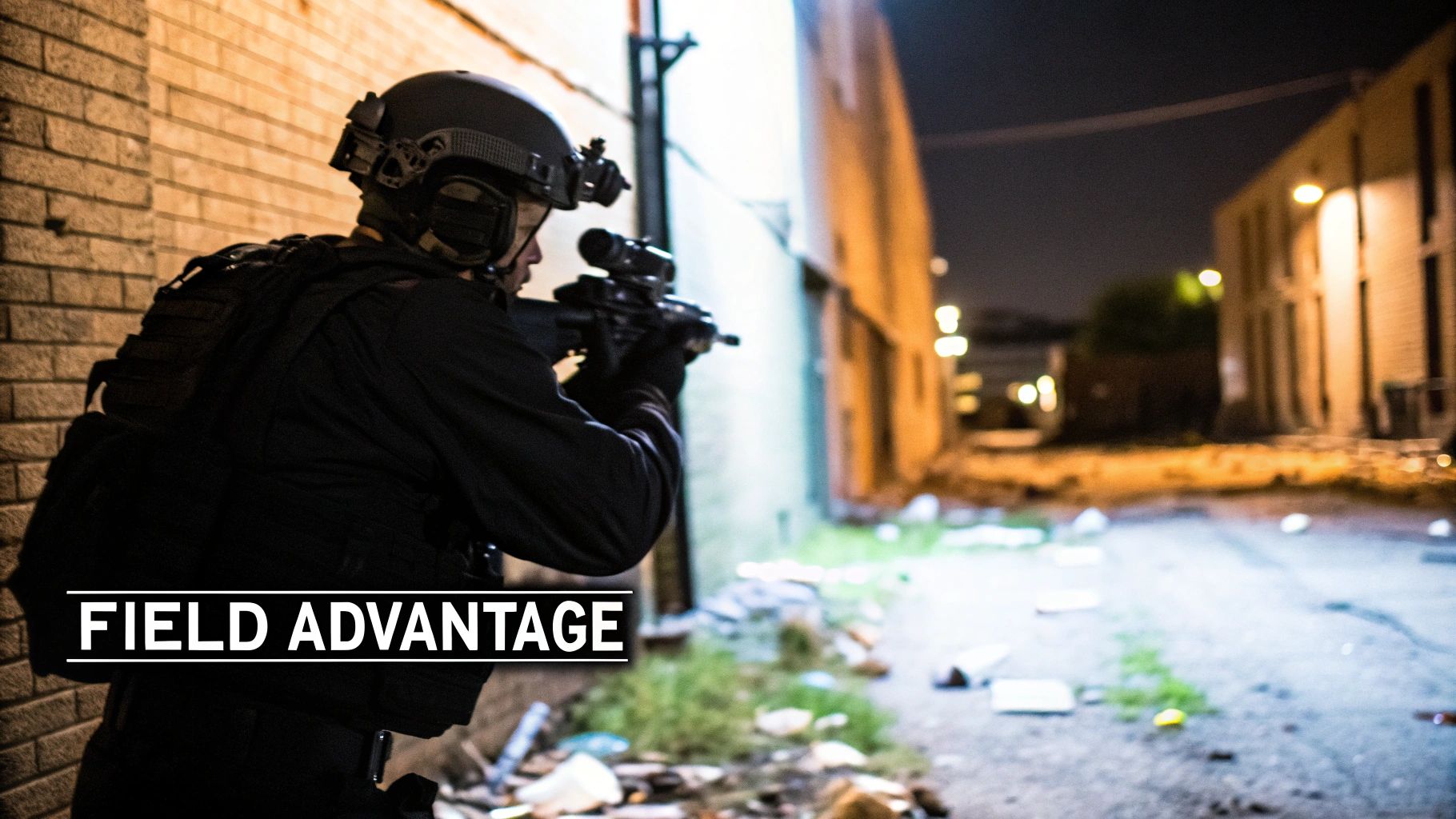 A person in tactical gear with a rifle peeks around a building corner into a dark urban alley at night.