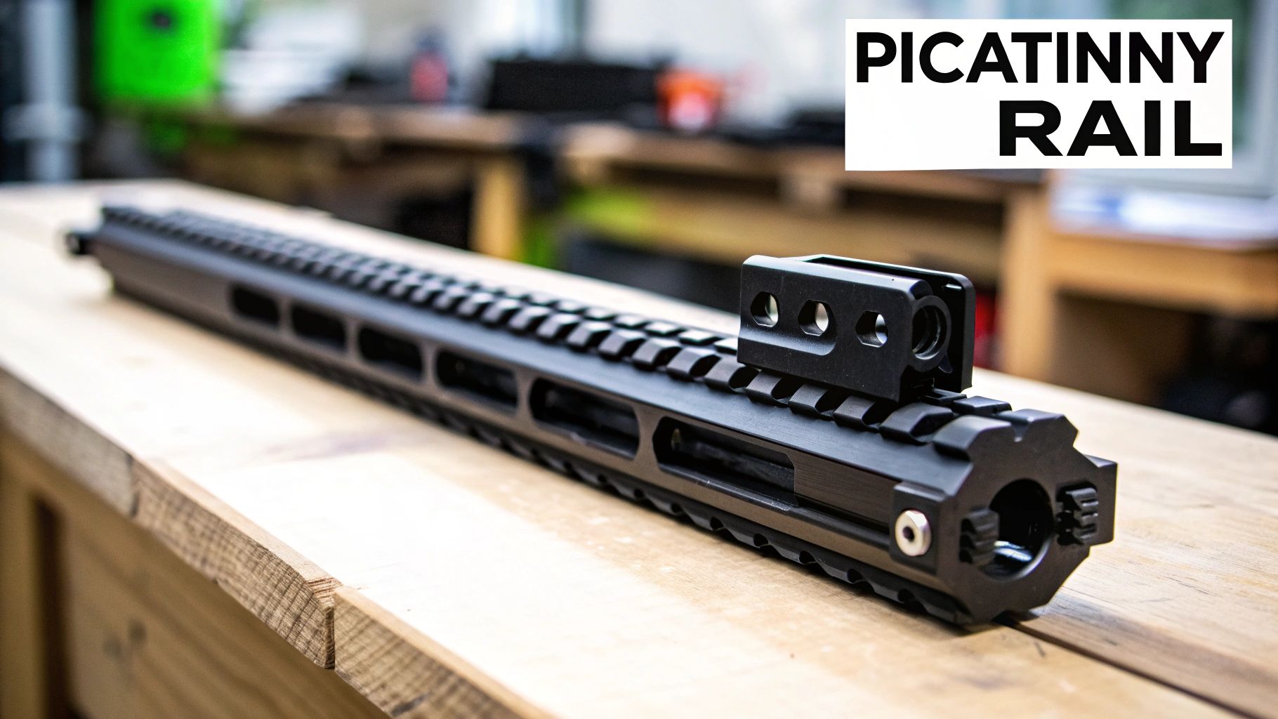 A black Picatinny rail handguard with a scope mount, resting on a wooden surface.
