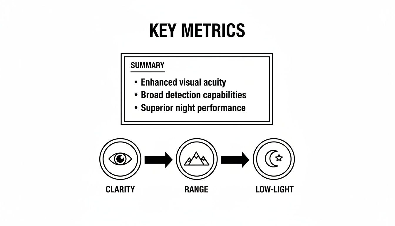 Key metrics summary showing enhanced visual acuity, broad detection, and superior night performance with clarity, range, and low-light icons.