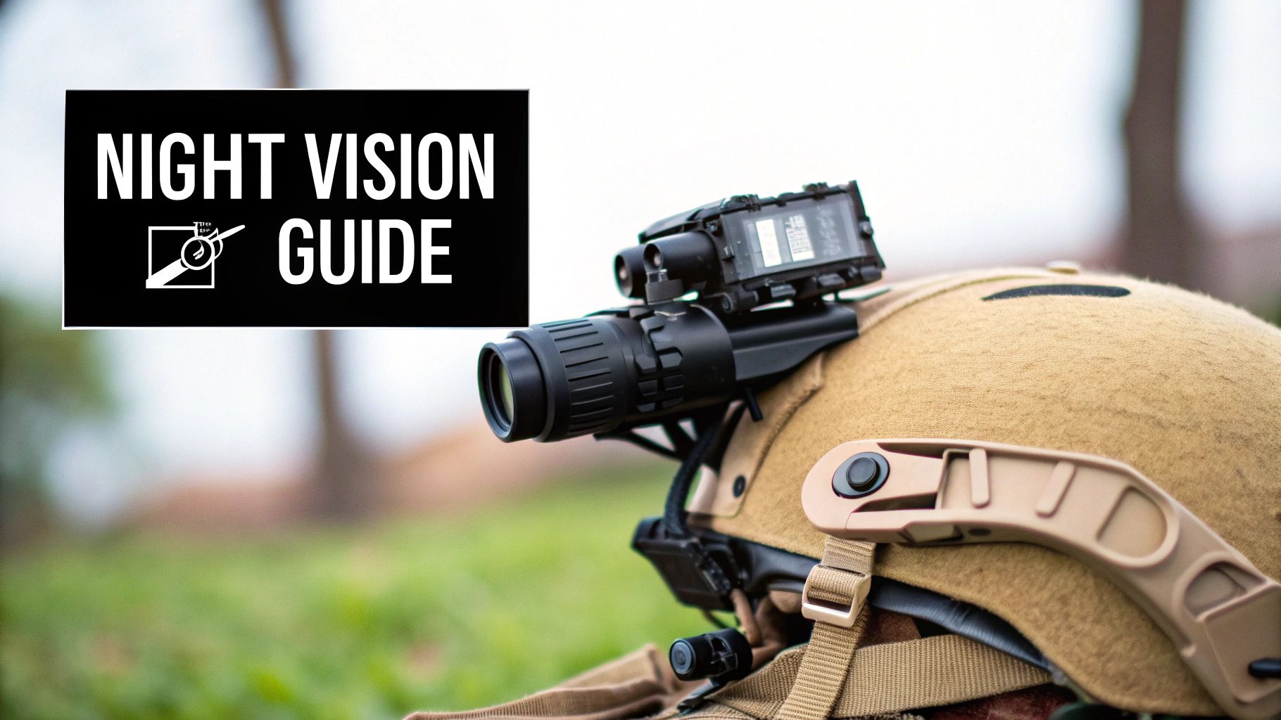 A person wearing a helmet with night vision goggles attached, looking out over a landscape at dusk.