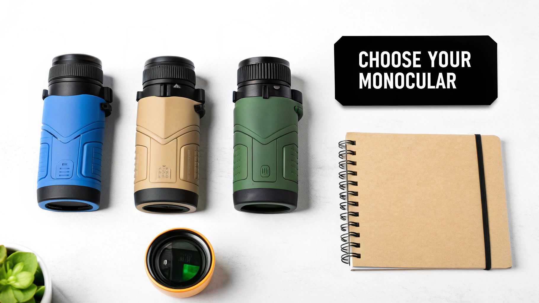 Three colorful monoculars (blue, tan, green) displayed on a white surface with a 'CHOOSE YOUR MONOCULAR' sign.