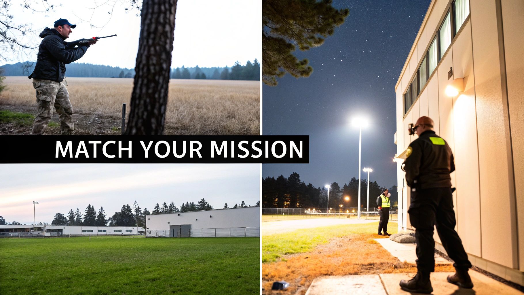 A collage showing diverse missions: a hunter in a field, security guards at night, and a building.