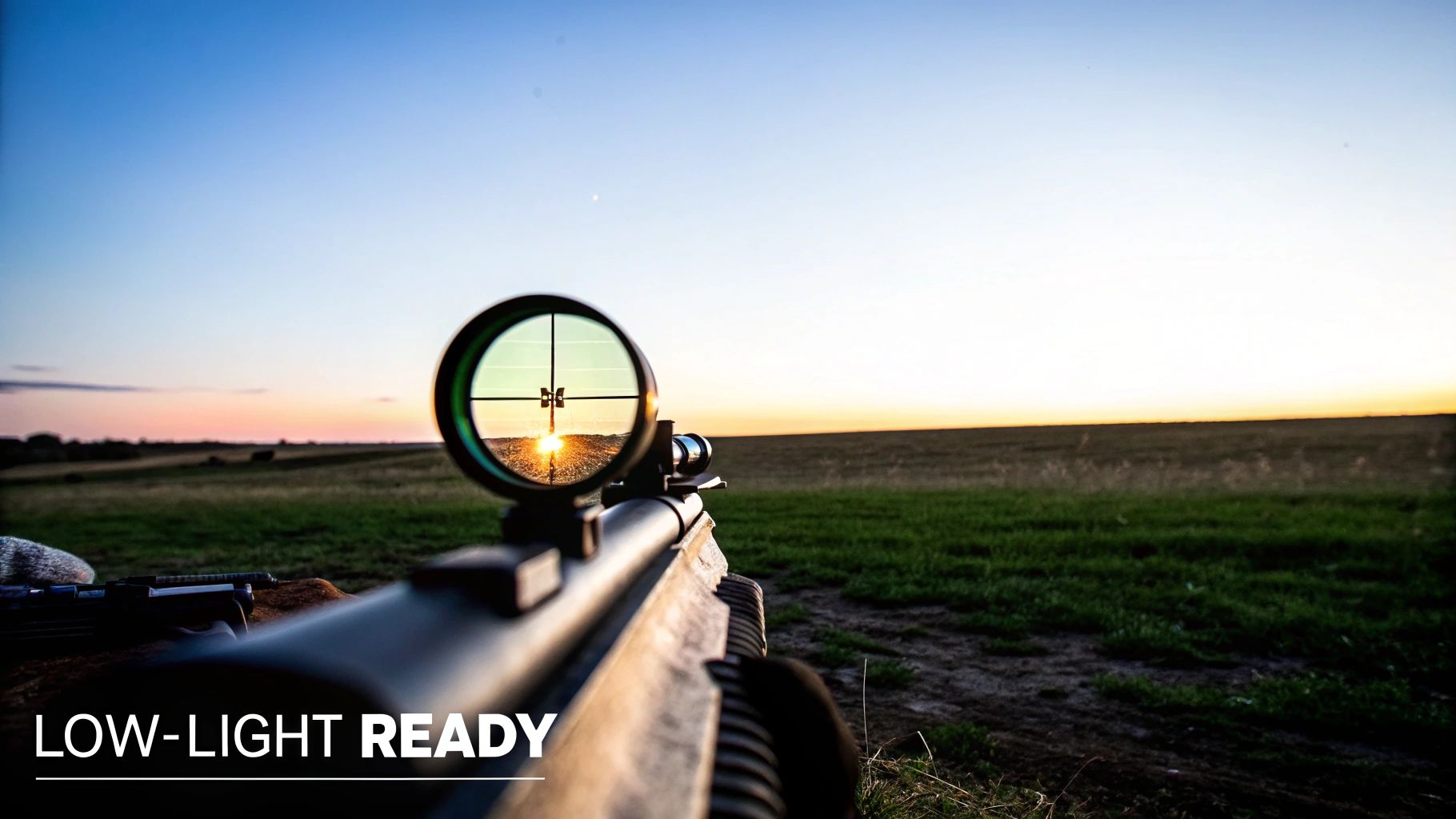 A rifle scope's reticle frames a bright sunset over a field, indicating low-light readiness.