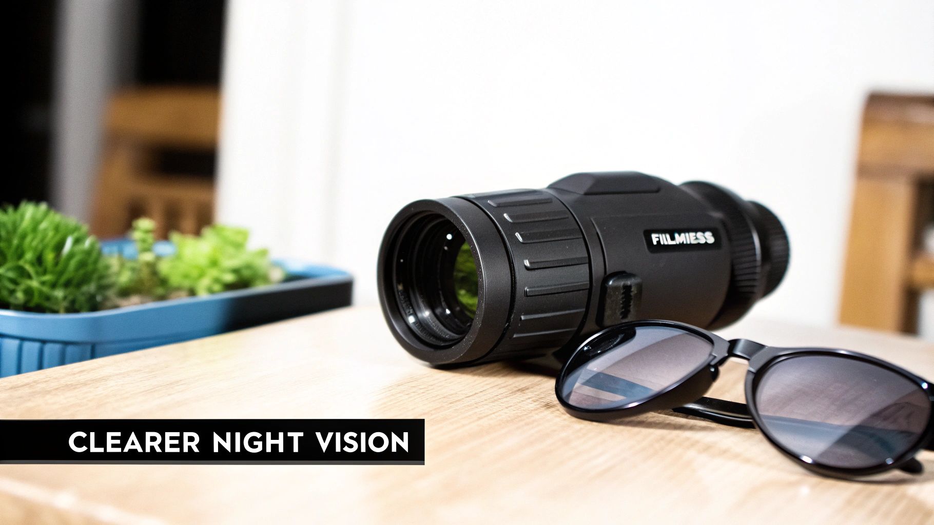 A black Filmiess monocular and sunglasses on a wooden table with plants in the background.